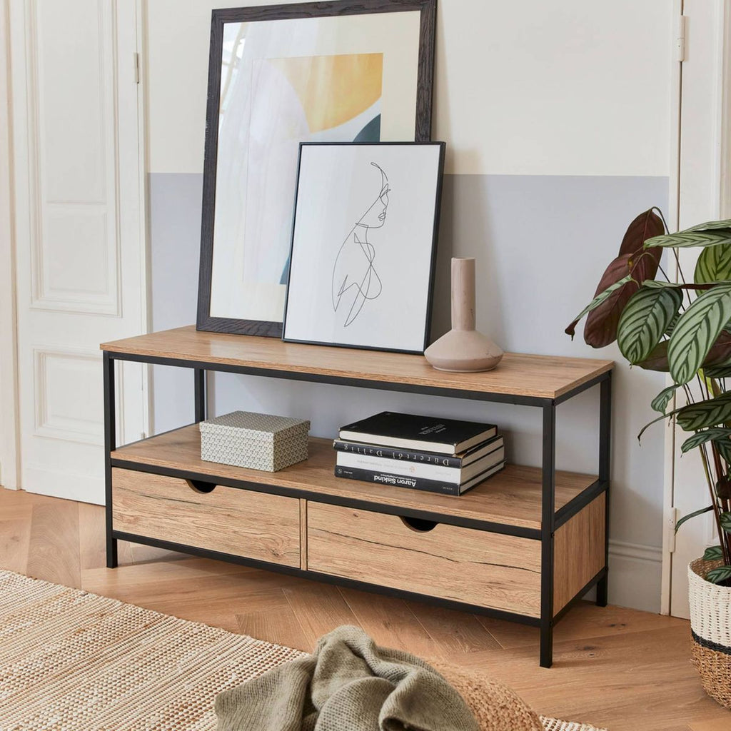 Meuble tv industriel métal et effet bois 2 tiroirs 120 cm loft Sweeek