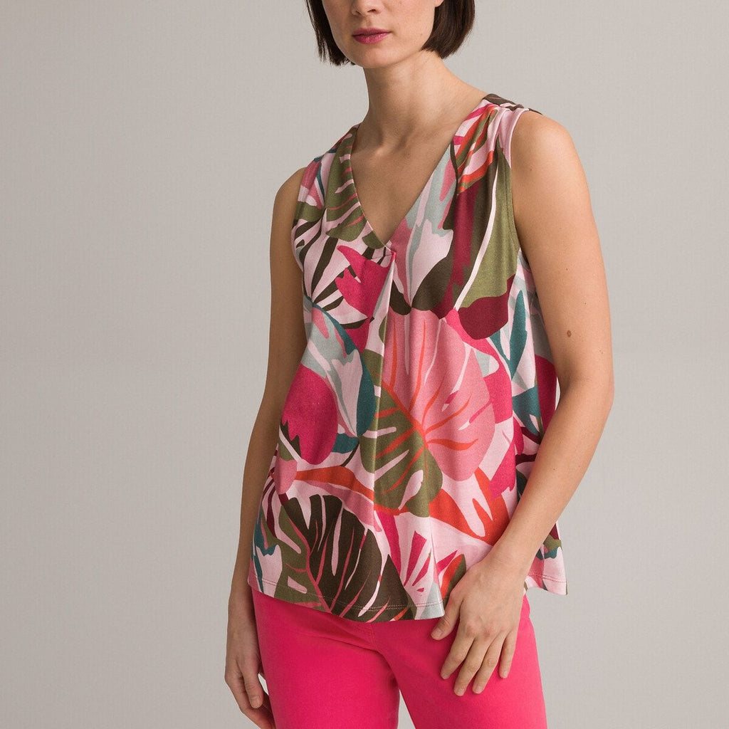 T-shirt sans manches à col en V avec imprimé tropical Anne Weyburn