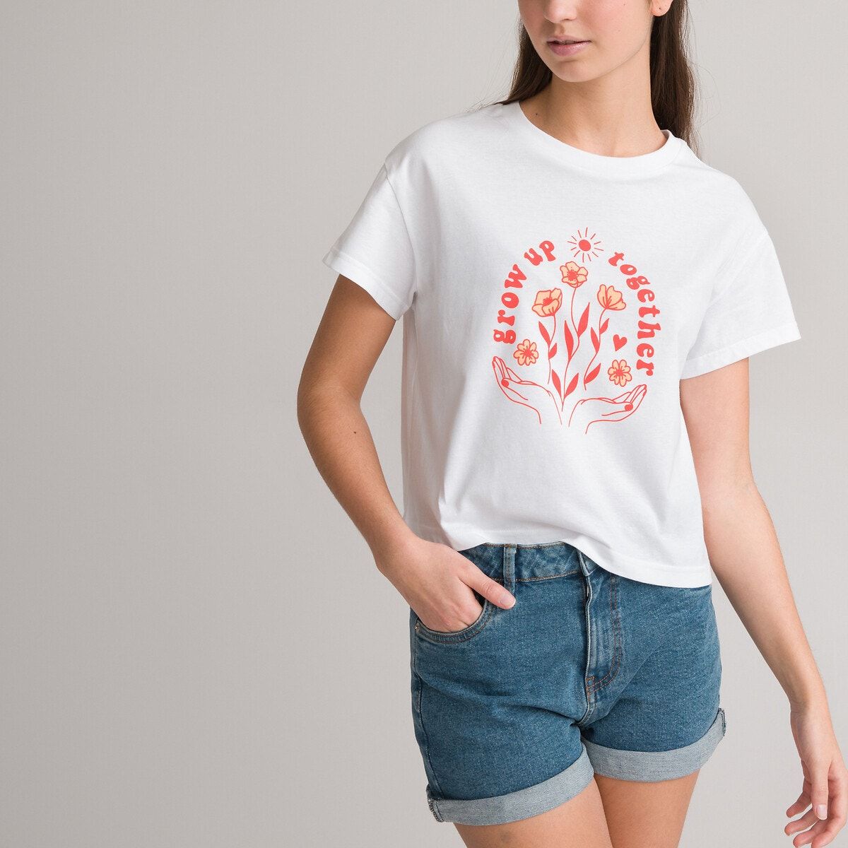 Lot de 2 t-shirts col rond à message blanc + orange pâle La Redoute Collections