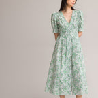 Robe longue évasée, col V, imprimé floral vert, La Redoute Collections