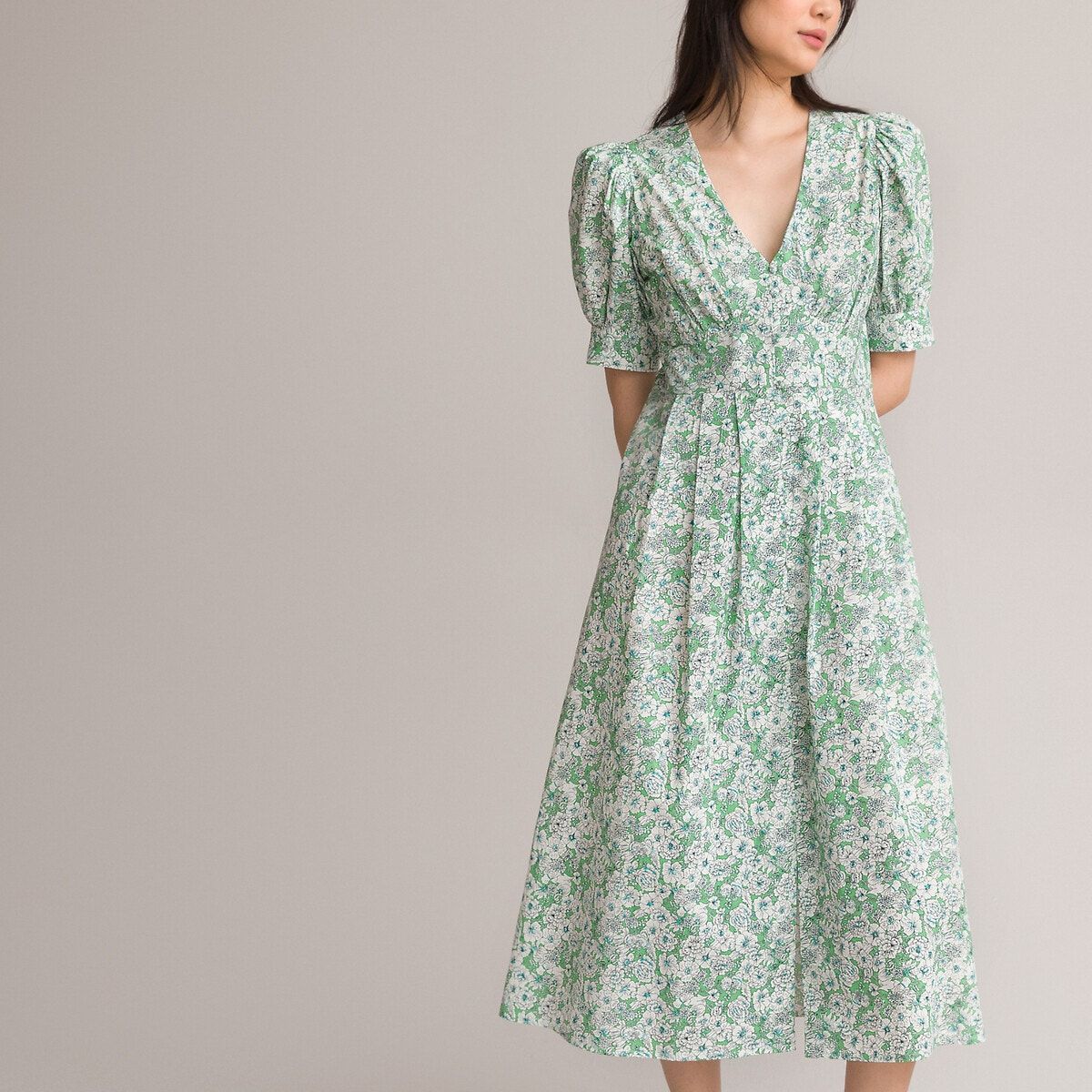 Robe longue évasée, col v imprimé floral vert La Redoute Collections