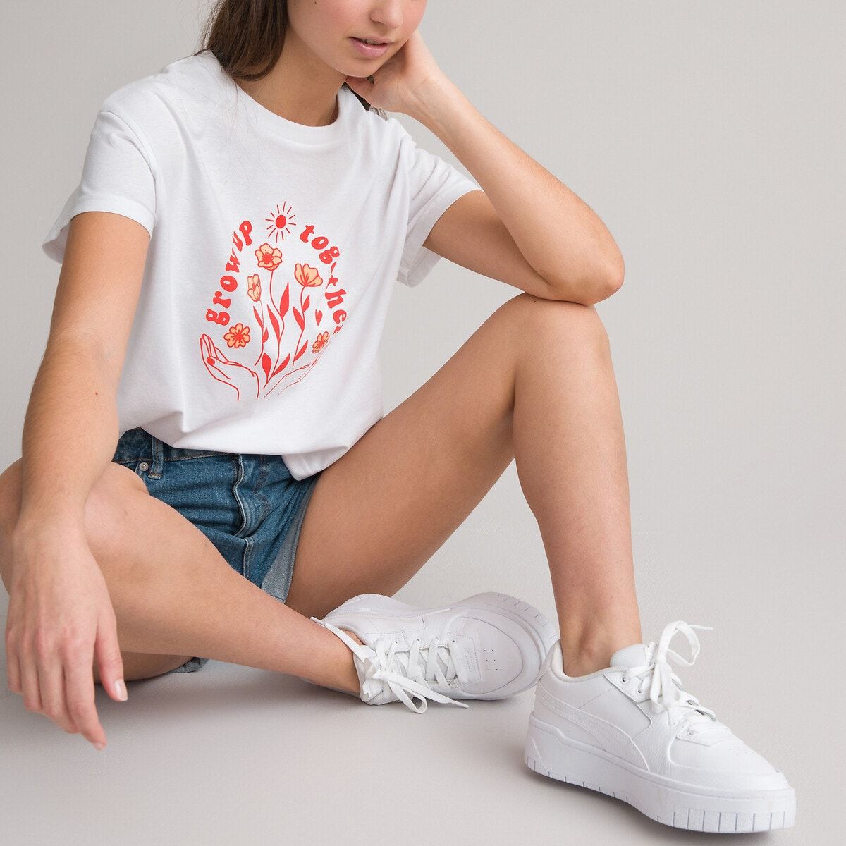 Lot de 2 t-shirts col rond à message blanc + orange pâle La Redoute Collections