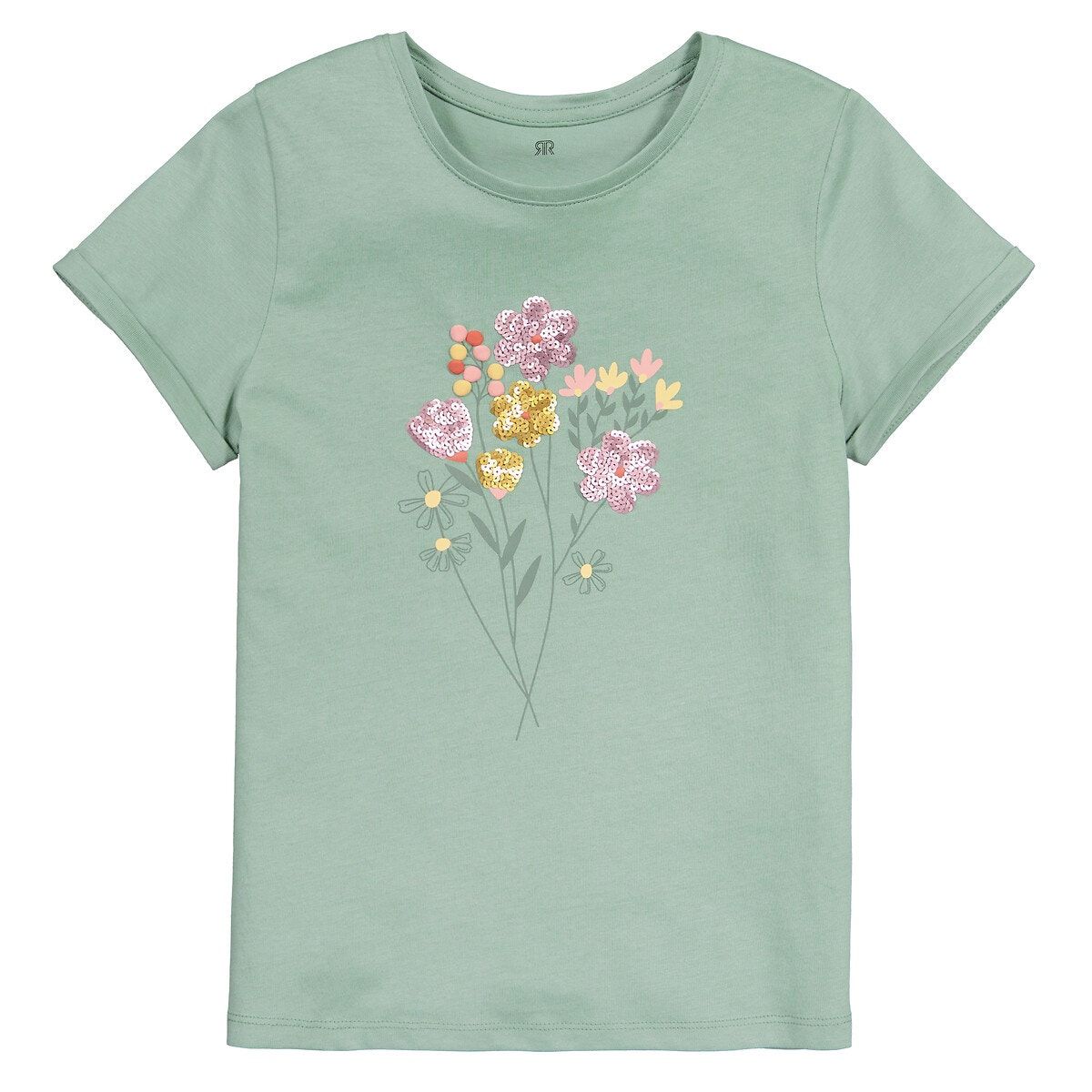 T-shirt imprimé fleurs avec sequins  kaki La Redoute Collections