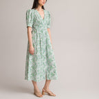 Robe longue évasée, col V, imprimé floral vert, La Redoute Collections