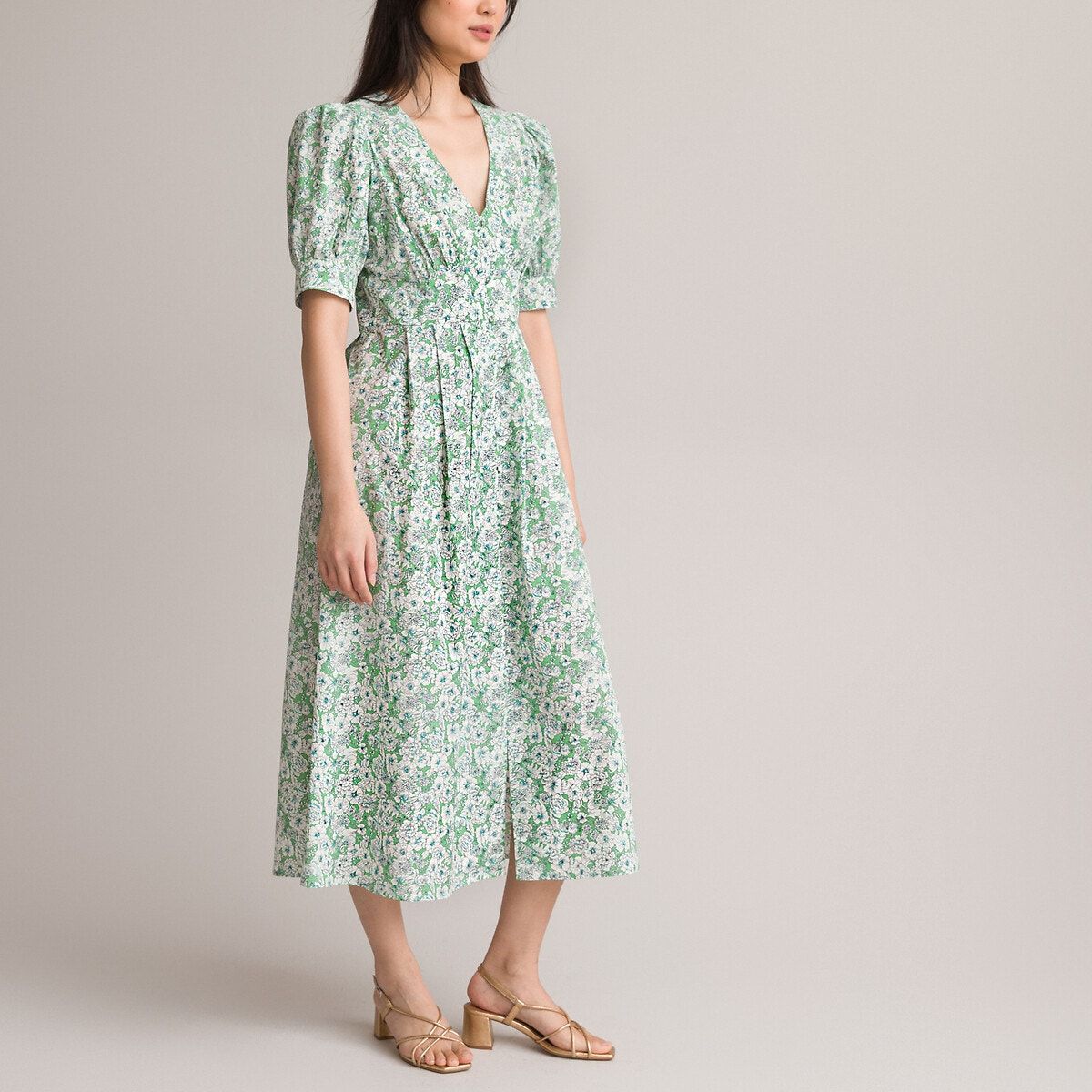 Robe longue évasée, col v imprimé floral vert La Redoute Collections