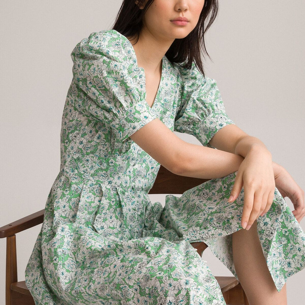 Robe longue évasée, col V, imprimé floral vert, La Redoute Collections