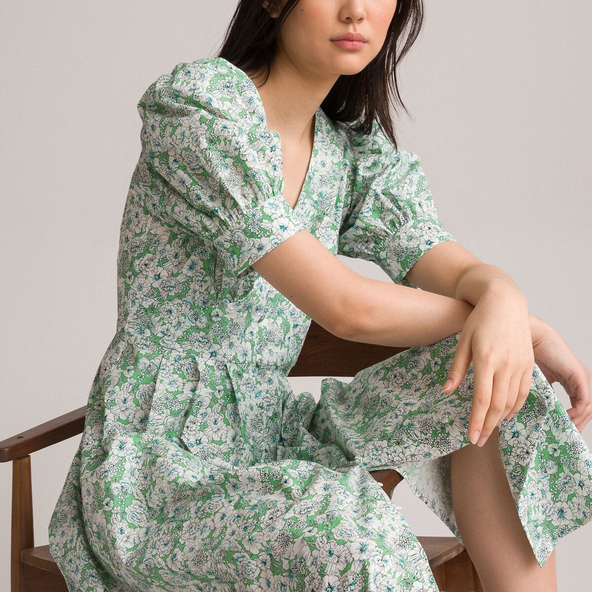 Robe longue évasée, col v imprimé floral vert La Redoute Collections