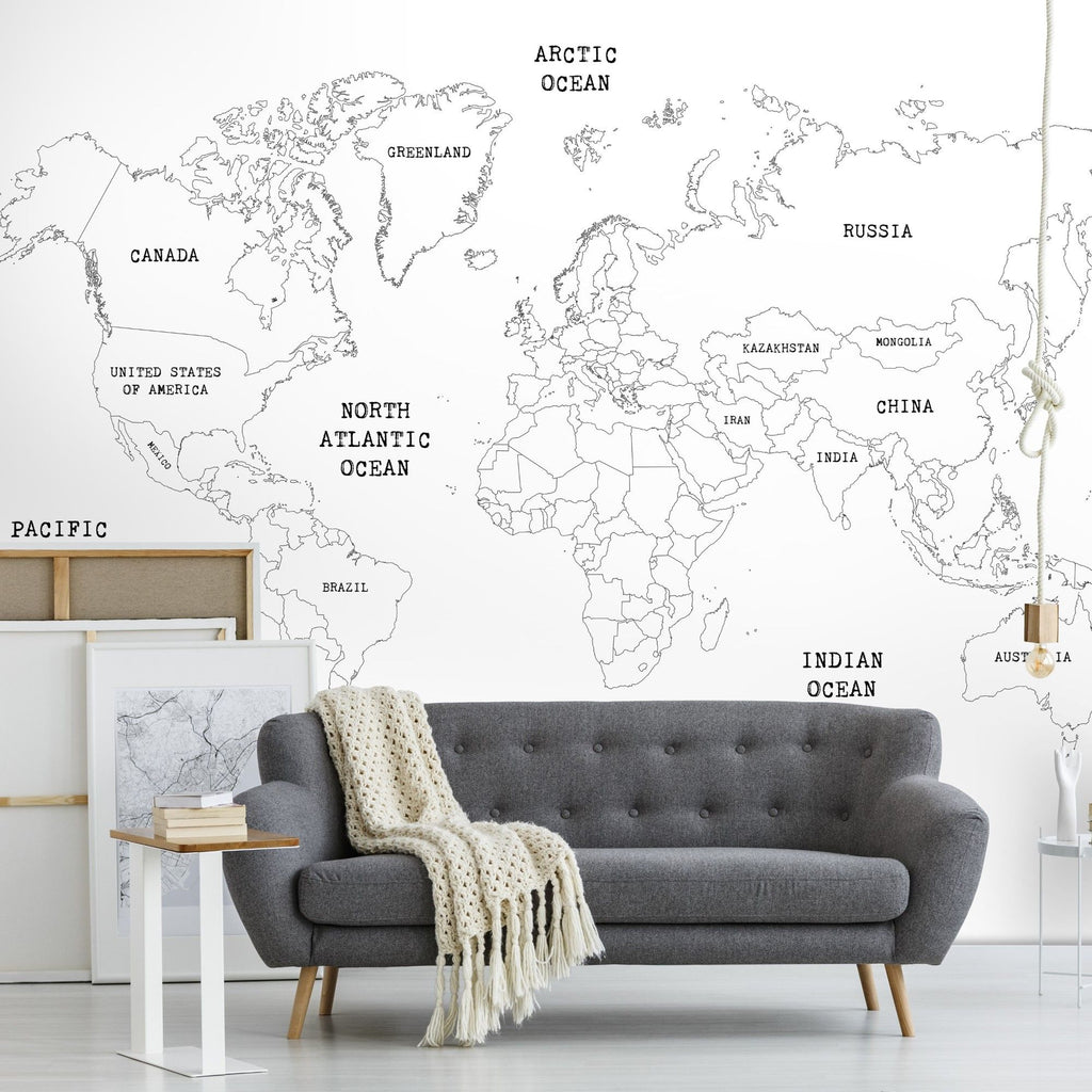 Papier peint panoramique carte du monde couleur blanc Art For The Home