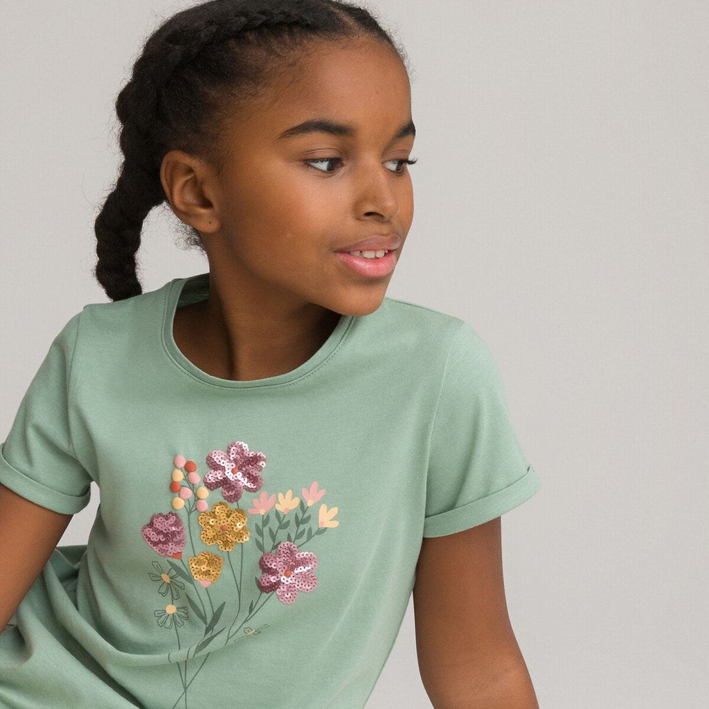 T-shirt imprimé fleurs avec sequins  kaki La Redoute Collections