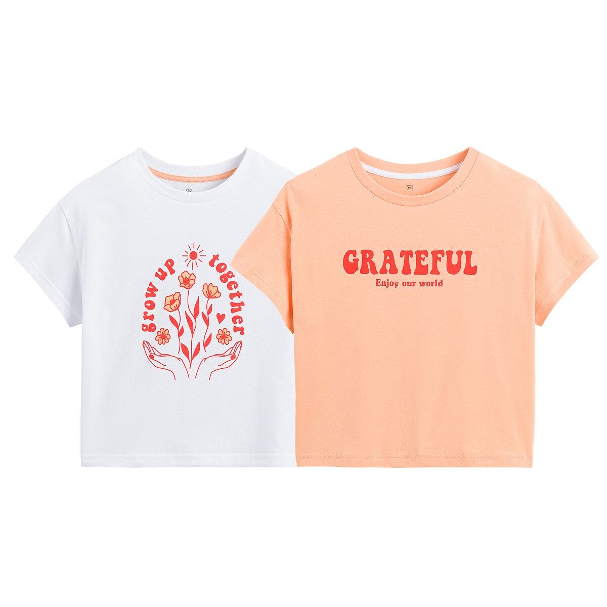 Lot de 2 t-shirts col rond à message blanc + orange pâle La Redoute Collections