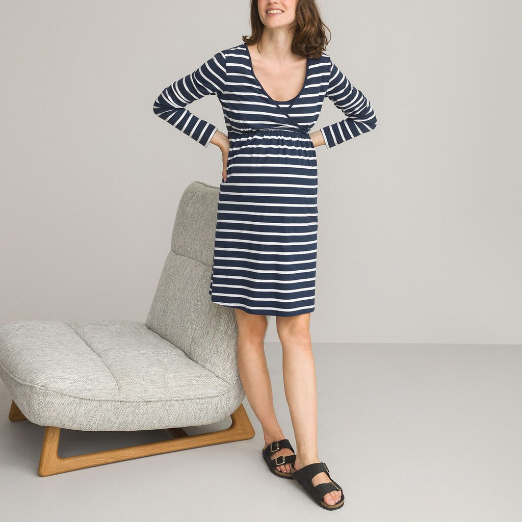Chemise de nuit de grossesse en coton bio bleu marine/blanc La Redoute Collections