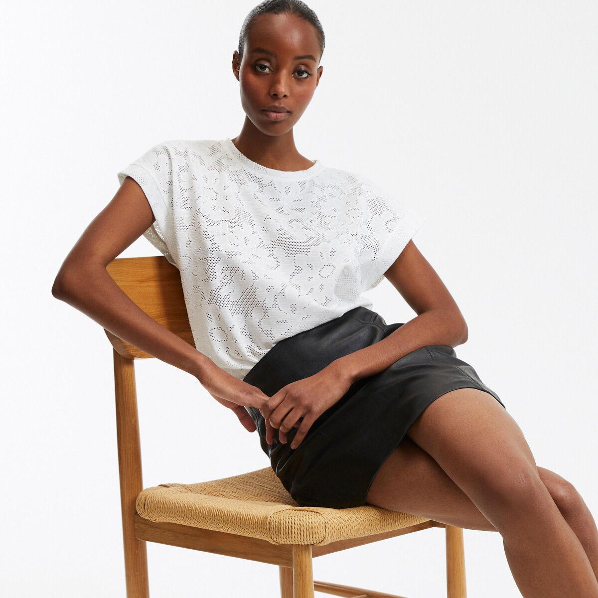 T-shirt col rond jacquard fleurs La Redoute Collections