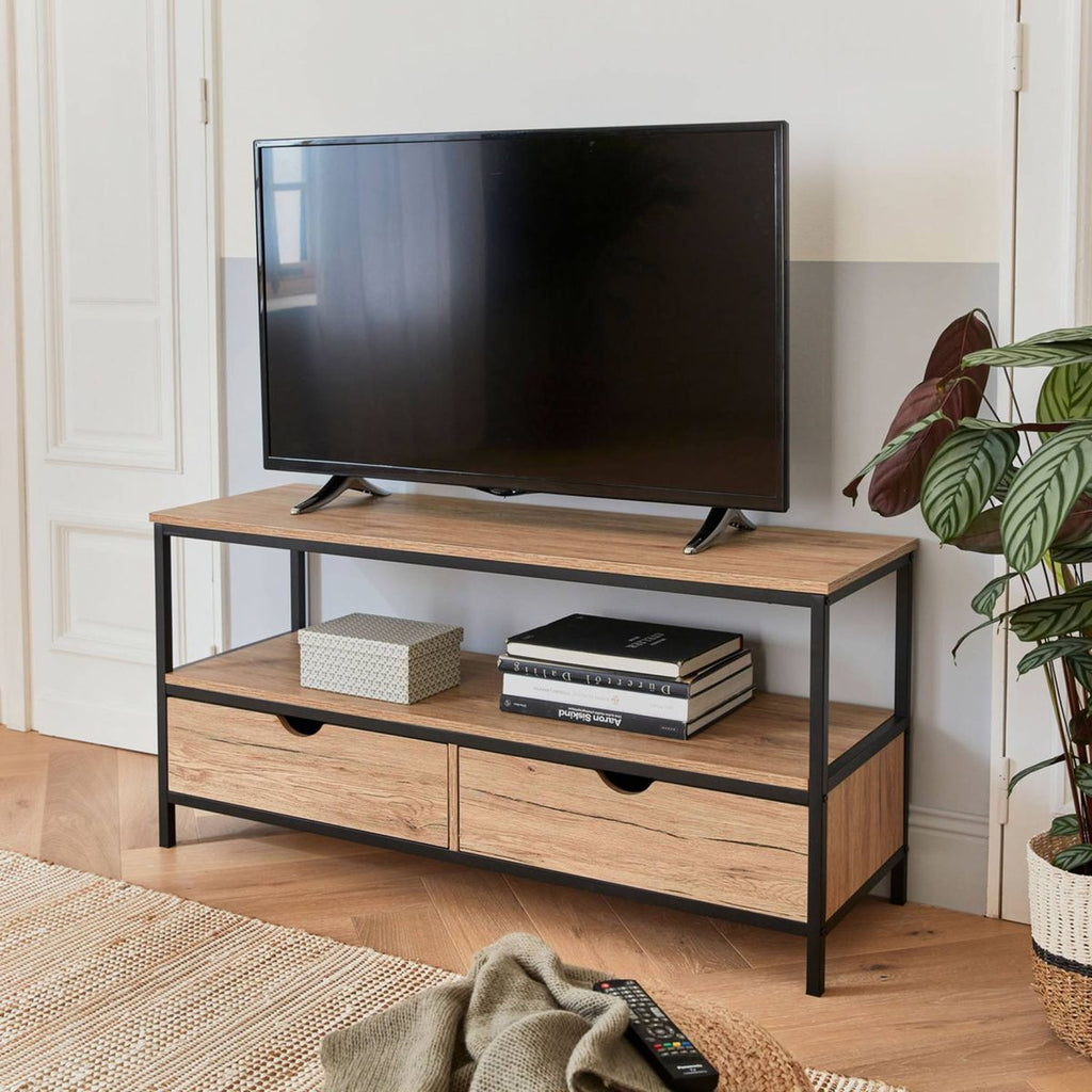 Meuble tv industriel métal et effet bois 2 tiroirs 120 cm loft Sweeek